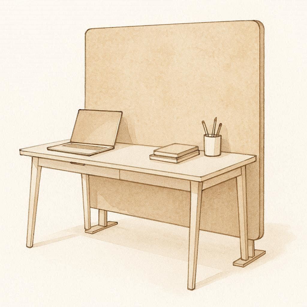 Íróasztal mögé helyezett akusztikai térelválasztó paraván elegáns munkakörnyezetben. Capuccino stílusú illusztráció laptop és kiegészítők mellett.