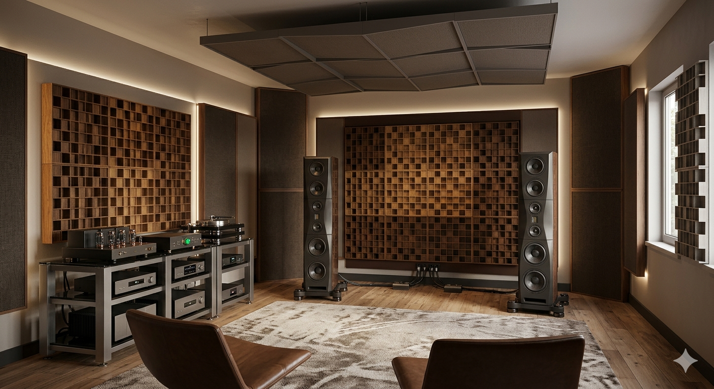 elegáns Hi-Fi zeneszoba akusztikai kezeléssel