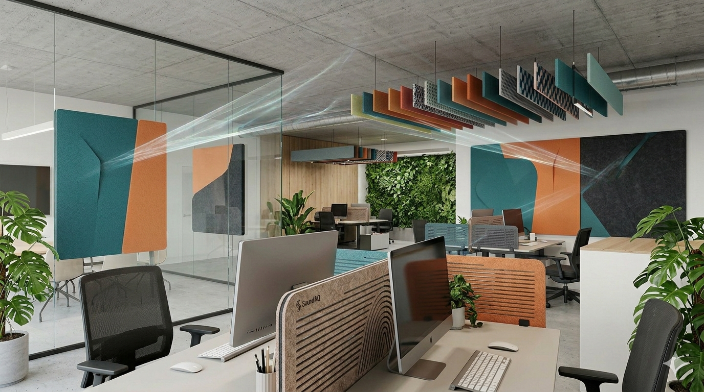 Üres, csendes modern irodai munkakörnyezet akusztikai paravánokkal és hangelnyelő megoldásokkal a fókuszált munkáért.