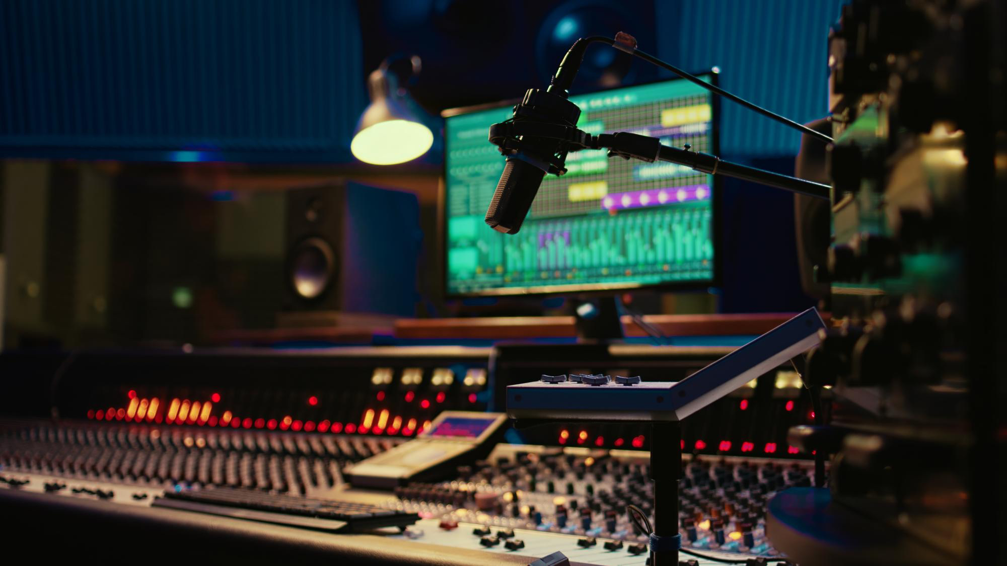 professzionális stúdió belső tere akusztikai panelekkel és mérnöki pontossággal elhelyezett hangelnyelőkkel